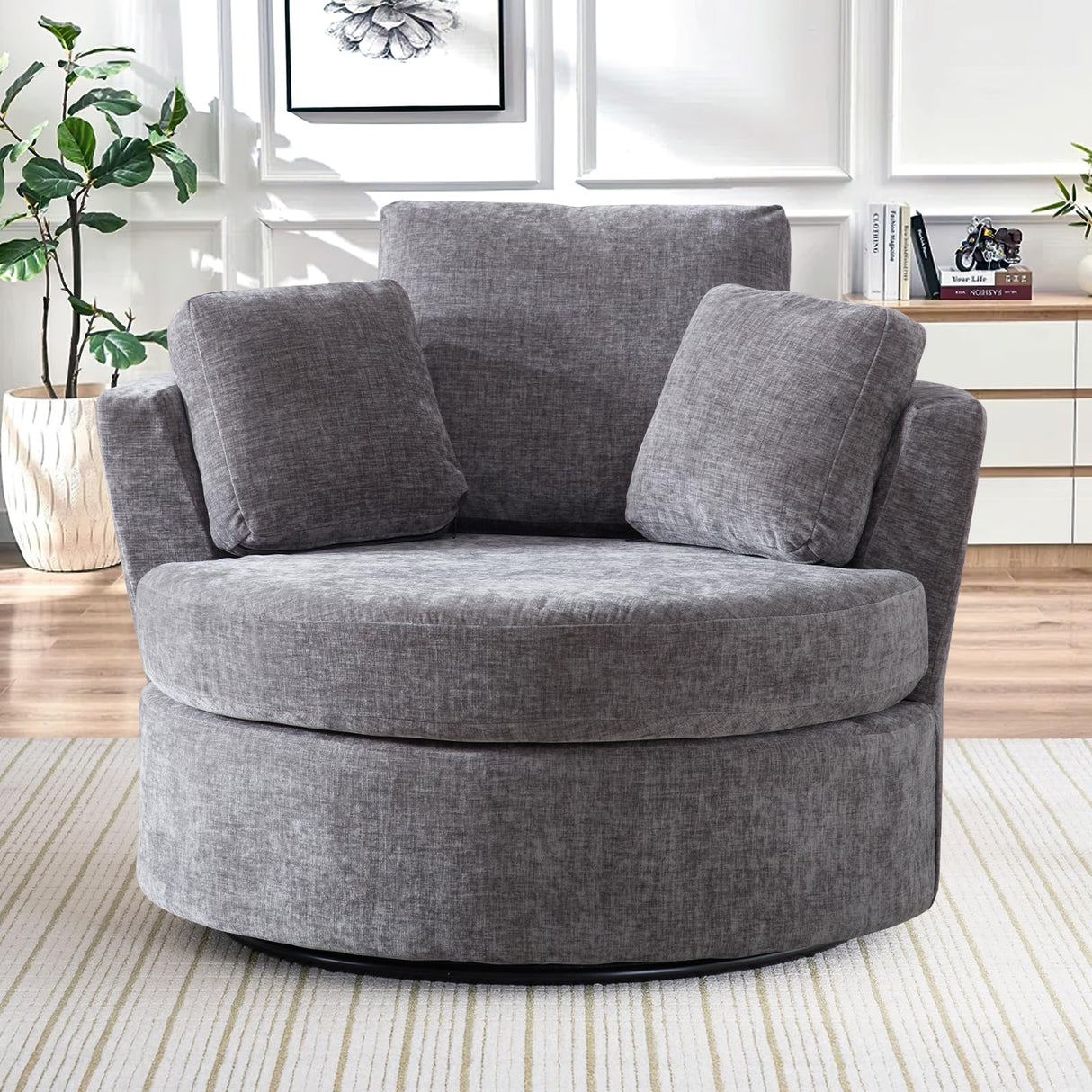 Deolme 42" W Modern Grey Swivel Barrel Chair with 360° Round Metal Base & Soft Chenille Pillows & Thick Cushion, Comfy Oversized Chaise Longue Indoor Living Room, Bedroom Club Reading Armchair (Gray) Deolme