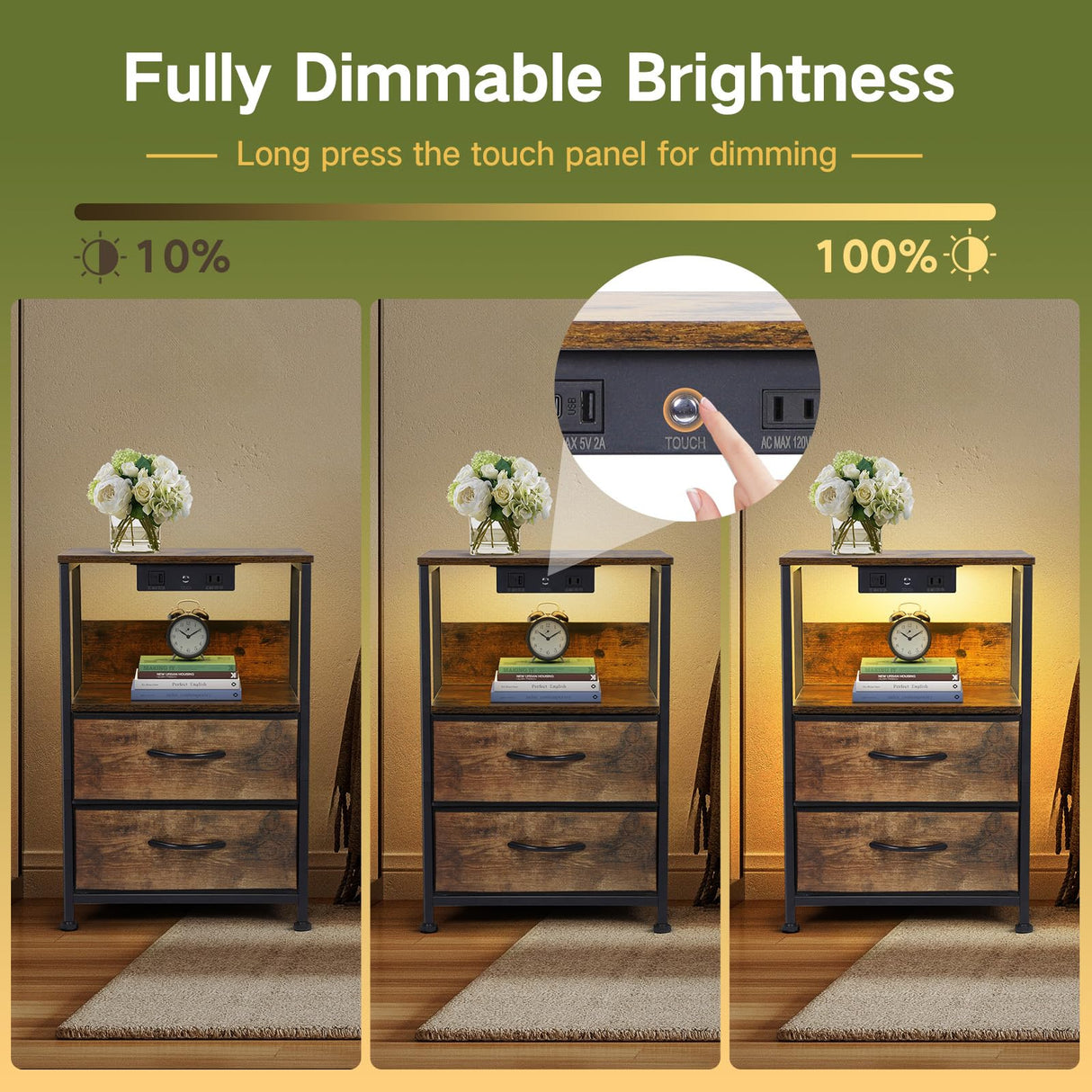 OUTONLIFE Nightstand with LED Dimmable Light & Charging Station, Narrow Bed Side Table with 2 Fabric Drawers, 2 USB Ports & AC Outlets, 3-Tier End Table with Storage Shelves for Bedroom, Living Room OUTONLIFE