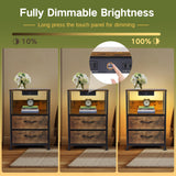 OUTONLIFE Nightstand with LED Dimmable Light & Charging Station, Narrow Bed Side Table with 2 Fabric Drawers, 2 USB Ports & AC Outlets, 3-Tier End Table with Storage Shelves for Bedroom, Living Room OUTONLIFE
