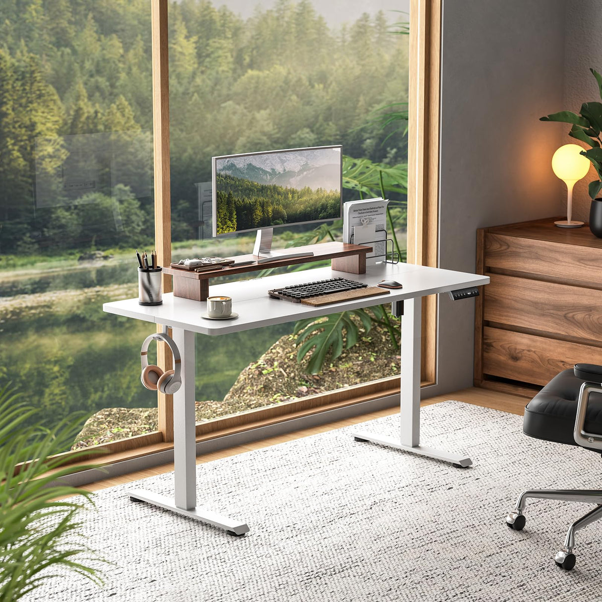 Veken 55 Inch Large Electric Standing Desk, 4 Memory Heights Adjustable,Sit to Stand Up, Work Home Office Computer Table for Study, Walking Pad, Writing, and Games, Wooden Desktop Desks, White Veken