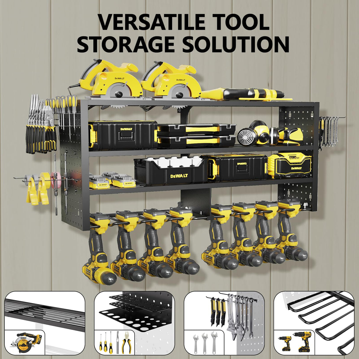 RacKeaLsi Large Power Tool Organizer Wall Mount, 4 Layer Garage Storage Cordless Tool Organizer with 8 Drills Holder, Heavy Duty Premium Metal Load 400 lbs, Ideal Garage Organization Gifts for Men RacKeaLsi