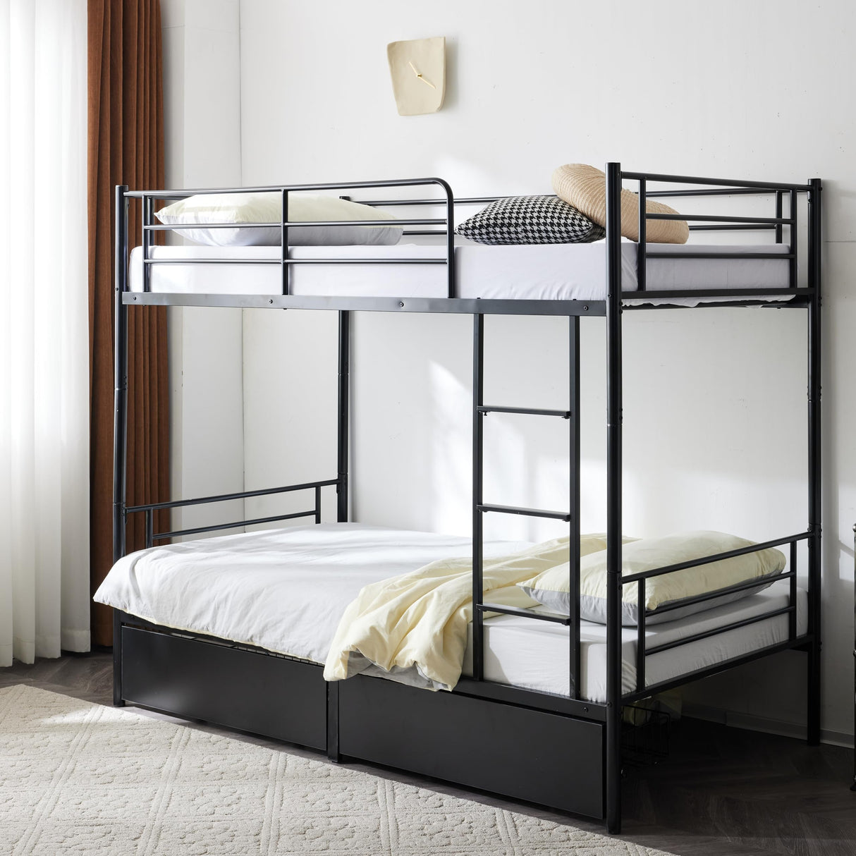 Karl home Black Bunk Bed Twin Over Twin with 2 Storage Drawers, Metal Bunk Bed with Built-in Ladder and Safety Guardrail, Space-Saving Twin Bunk Beds for Kids, Teens & Adults, No Box Spring Karl home