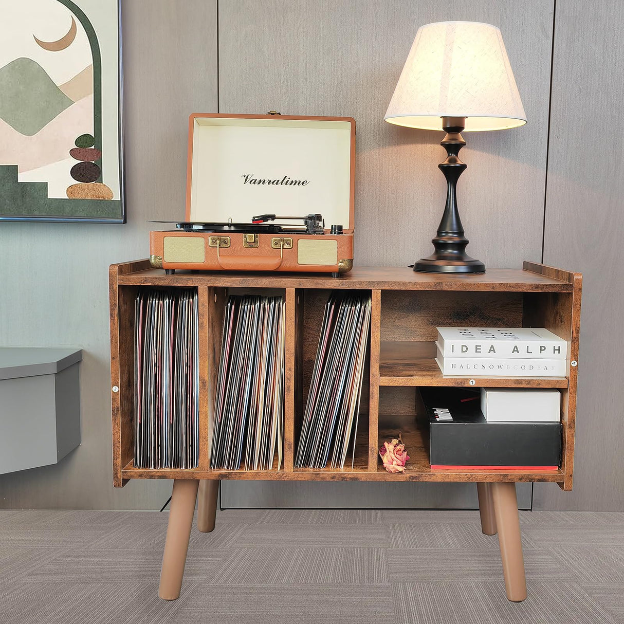 Record Player Stand with Vinyl Storage Holds Up to 300lb, Large Record Player Table Cabinet for Album Storage with Holder Vinyl Display Shelf, Mid Century Wood Turntable Stand for Bedroom Living Room LKKRO