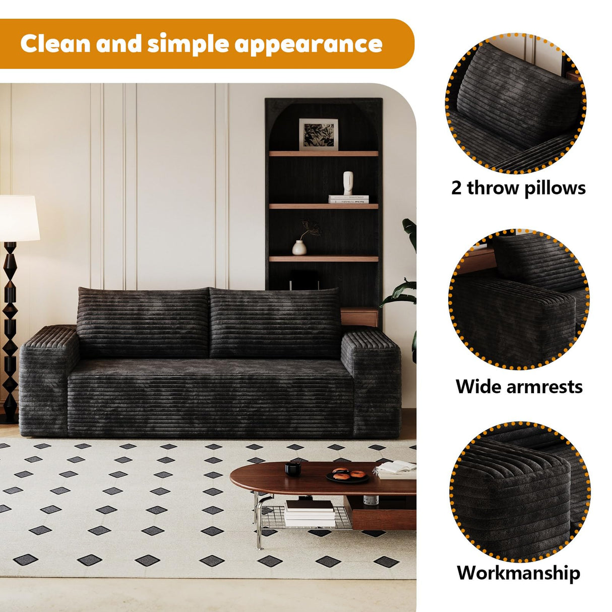 Ningering 63" Sofa in a Box Compressed, Boneless Couch with Wide Armrests & 2 Cushions, Cloud loveseat Sofa for Living Room, Memory Foam, Deep Seat, Corduroy Fabric, No Assembly (Black, 2) Ningering