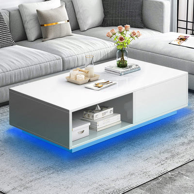 COSVALVE Modern White LED Coffee Tables for Living Room with Drawer & 16-Color LED Lights, Rectangle Living Room Sofa Table with Ample Storage Space(23.6" D x 43.3" W x 15.7" H)