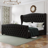 LUXOAK King Platform Bed Frame with Wingback Headboard, Velvet Upholstered Bed Frame with Handmade Button Tufted & Nailhead, Wooden Slats Support, Black LUXOAK