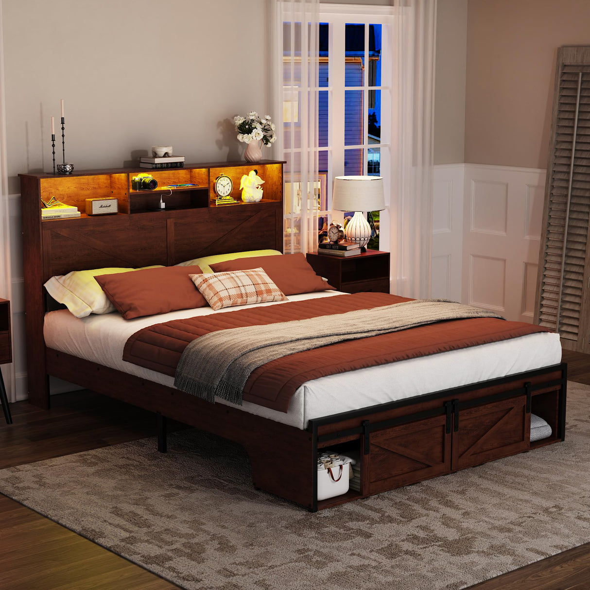 Farmhouse Queen Bed Frame with Bookcase Storage Headboard, Charging Station and LED Lights, Wood Bed Frame Queen Size with Sliding Barn Door Storage, Noiseless, No Box Spring Needed, Reddish Brown Dolonm