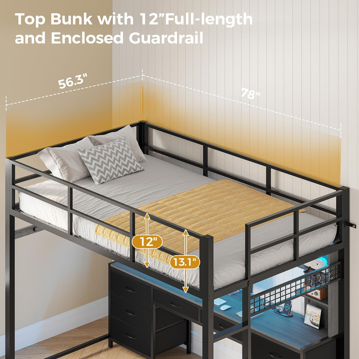 ADORNEVE Full Size Loft Bed with Desk and 8 Storage Drawers, Metal Loft Beds Full with LED Lights & Charging Sation, Heavy Duty Loft Bed Frame with 6 Storage Shelves, Space-Saving, Noise Free,Grey ADORNEVE