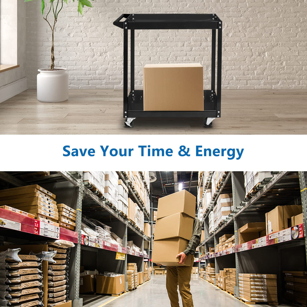 TUFFIOM 2 Tier Rolling Tool Cart, 220 LBS Capacity Industrial Service Cart w/Wheels, 2 Shelf Steel Utility Cart, Tool Storage Organizer for Mechanic, TUFFIOM