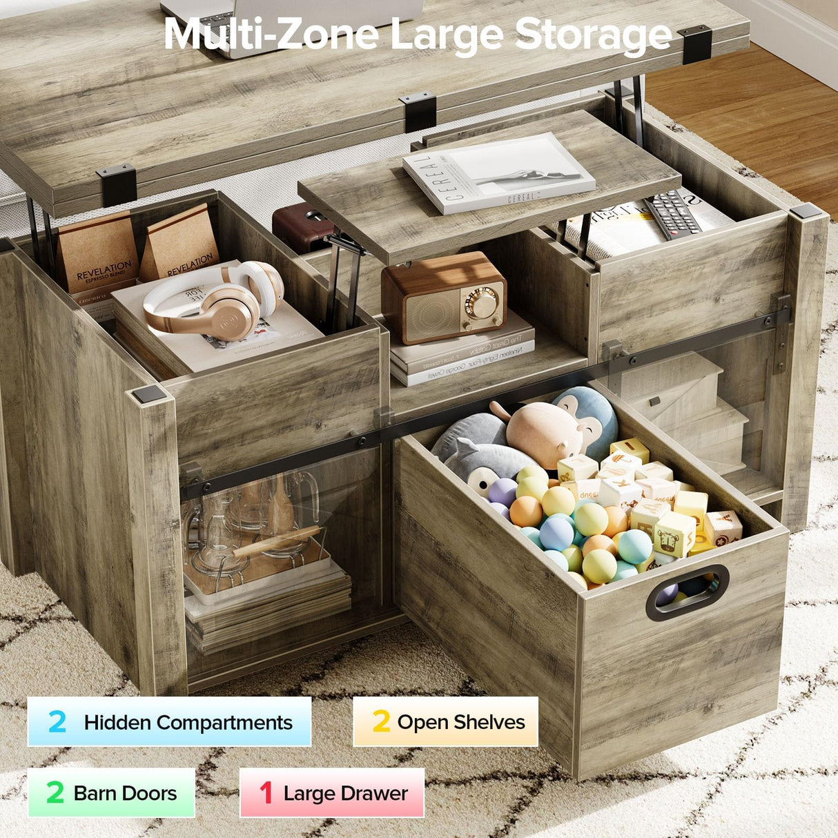 Memobarco 40" Farmhouse Lift Top Coffee Table with Sliding Barn Door,4 in 1 Multi-Function Coffee Tables with Storage Drawers & Hidden Compartment,Converts to Dining Table for Living Room,Grey Memobarco
