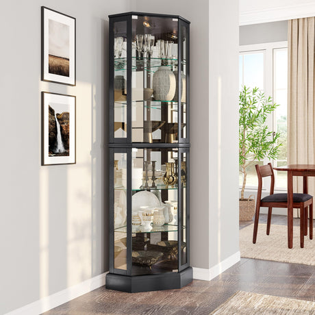 BELLEZE Lighted 3-Side Glass Display Curio Cabinet with Tempered Glass Doors and Shelves, Curved Wood Corner Cabinet with Bulb, Corner Curio Storage Rack for Bar and Liquor Storage - Ashfield (Black) BELLEZE