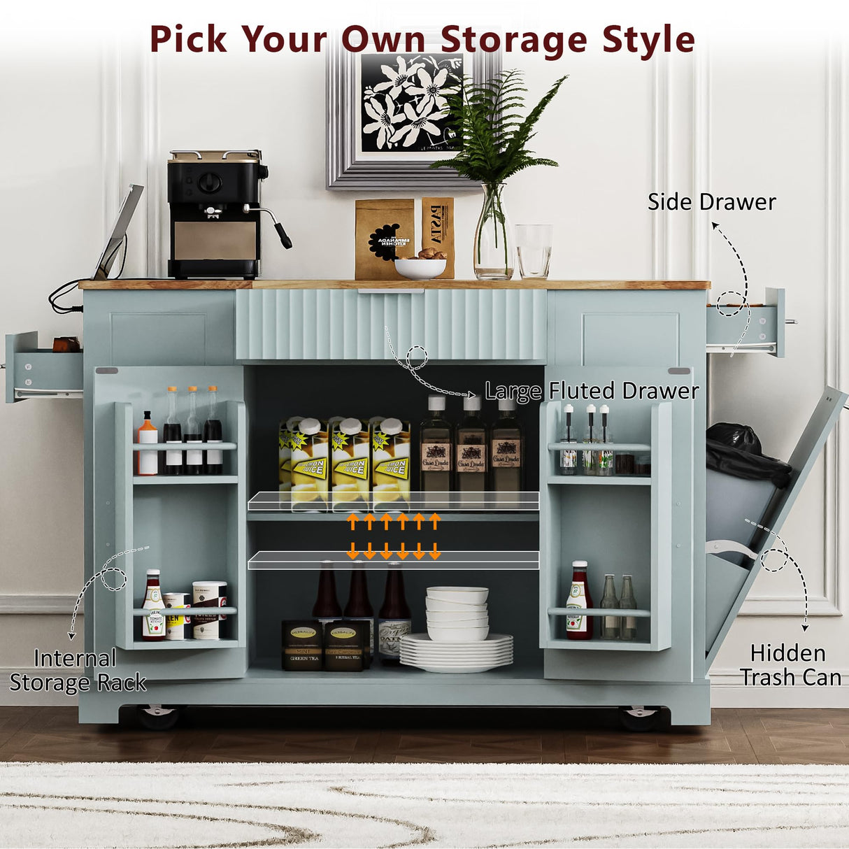Ball & Cast Fluted Kitchen Island with Trash Can Storage Cabinet,Power Outlet,Internal Storage Rack,Rolling Kitchen Islands On 5 Wheels W/3 Drawer&3 Open Side Racks for 10 Gallon Garbage Bin,Grey Blue Ball & Cast