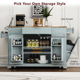 Ball & Cast Fluted Kitchen Island with Trash Can Storage Cabinet,Power Outlet,Internal Storage Rack,Rolling Kitchen Islands On 5 Wheels W/3 Drawer&3 Open Side Racks for 10 Gallon Garbage Bin,Grey Blue Ball & Cast