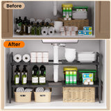 Under Sink Organizer and Storage 16.5"-30.7" Expandable Length, Adjustable Height Under Sink Shelf 2 Tier with 11" Removable ABS Panels & Metal Frame for Bathroom Kitchen Pantry Cabitnet Pot and Pan GEMWON