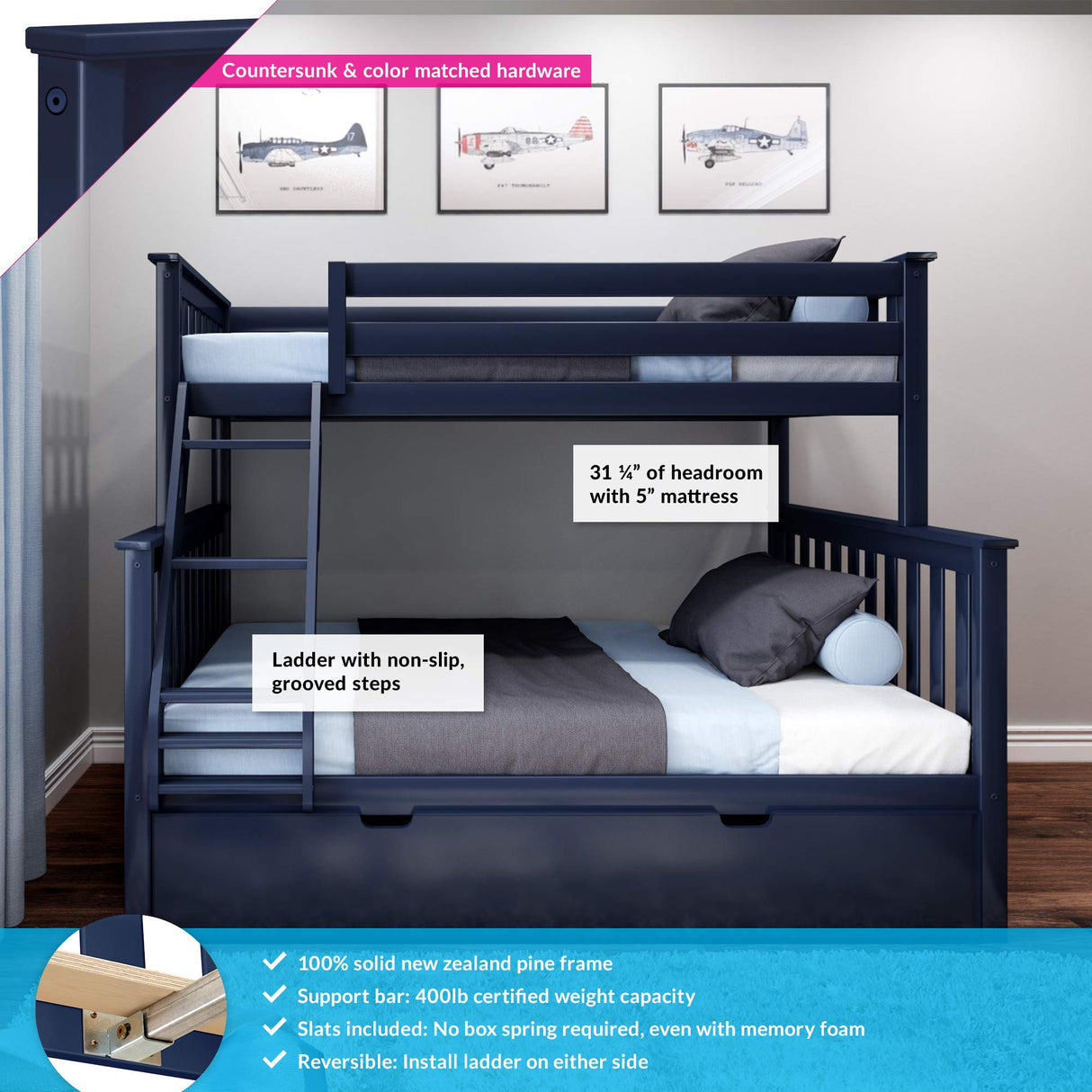 Max & Lily Twin-Over-Full Bunk Bed Frame with Trundle in Blue Max & Lily
