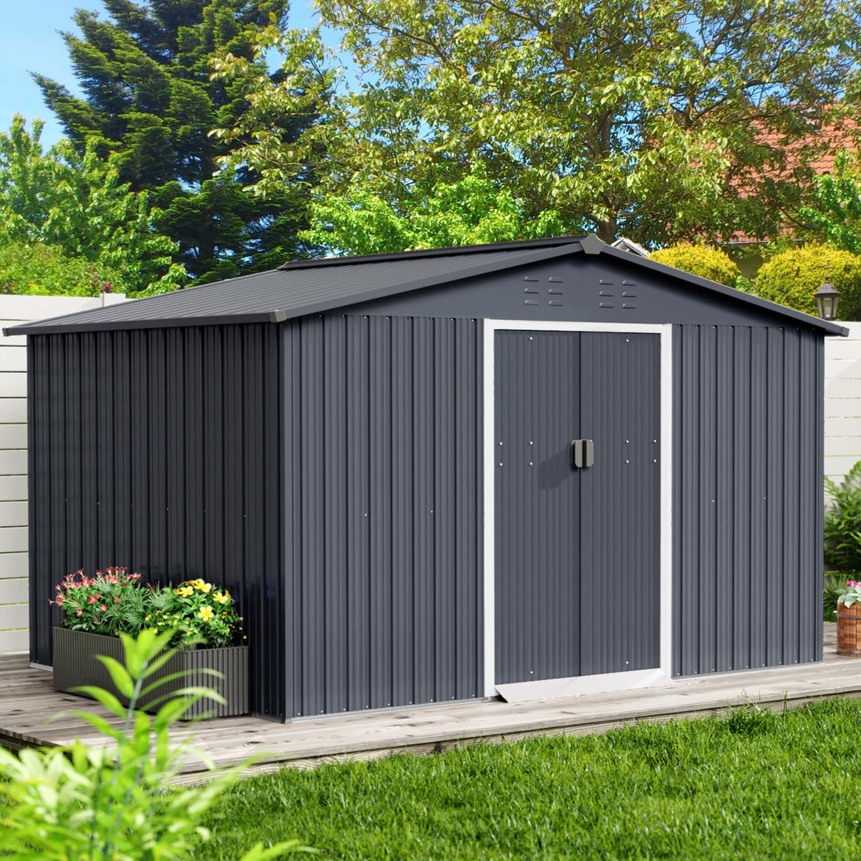 Garveelife 8x10 ft Outdoor Storage Shed, Steel Utility Tool Shed with Sloped Roof & Lockable Door, Backyard Garden Patio Lawn Outdoor Shed for Storing Tools and Equipment in Yard, Grey GarveeLife