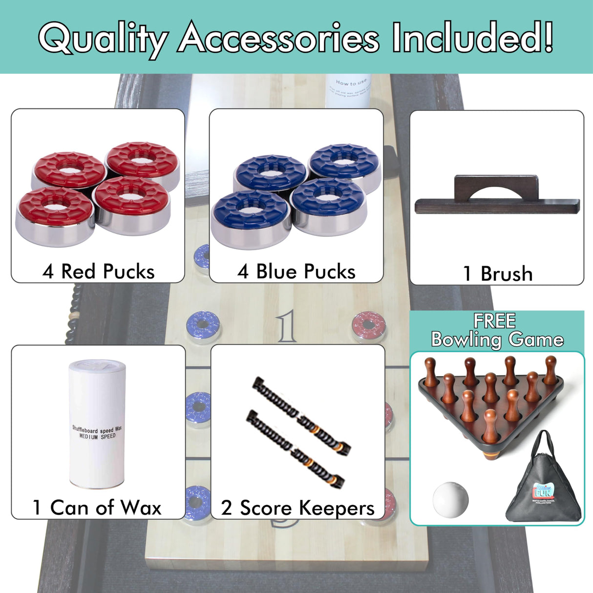 Freetime Fun 12 FT Shuffleboard Table Multi Game Solid Wood Game Tables for Game Room - Shuffle board Bowling Pin Set, Pucks, Wax and Brush - Two 6' Pieces (Espresso) Freetime Fun