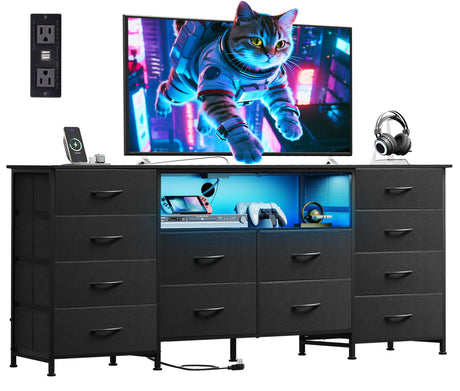 WLIVE 12 Drawer Dresser for Bedroom, Black Dresser TV Stand for 65, 70, 75 inch TV with Led Light & Charging Station, Wide Chest of Drawers with Open Shelves, Fabric Dressers for Closet, Living Room WLIVE