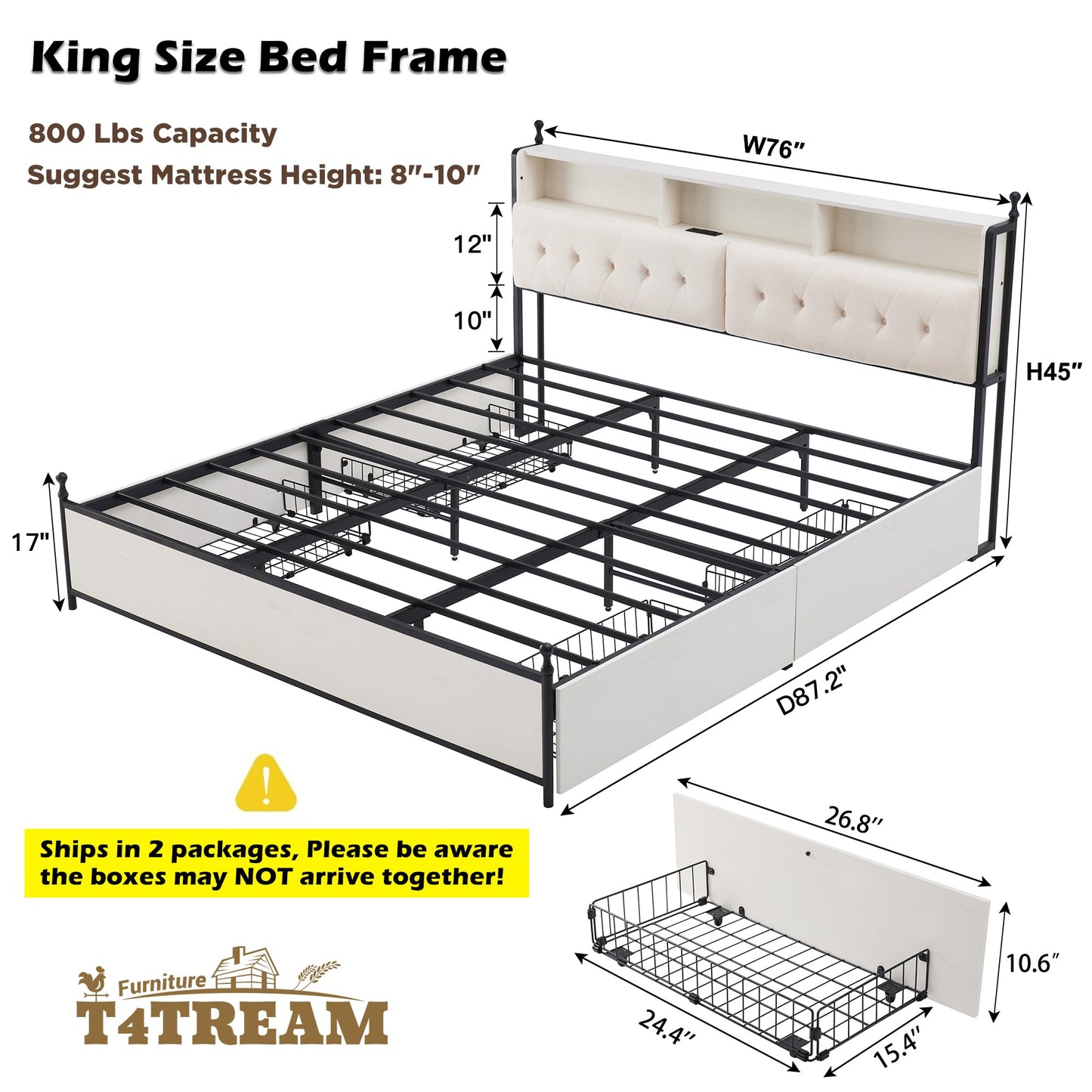 T4TREAM King Bed Frame with Storage Upholstered Headboard and 4 Drawers, Farmhouse Metal Platform Bed w/LED Lights & Charging Station, Stable & Easy Assembly, No Box Spring Needed, Antique Wh - WoodArtSupply