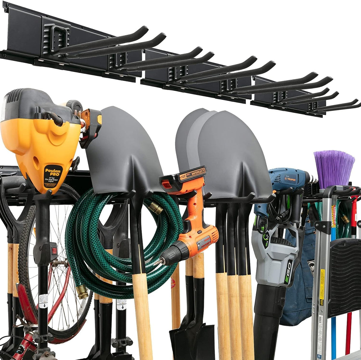 TIDYME Garage Tool Organizer Wall Mount - Sturdy Storage Rack with Adjustable Hooks, Anti-Rust Panel - Easy Installation, 300lbs Capacity - Garden Tool Organizer for Garage (03 Racks & 06 Hooks) TIDYME