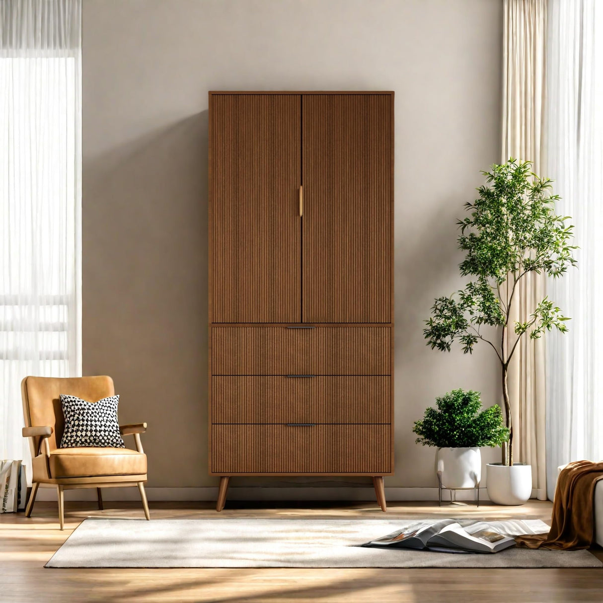 FONTOI Storage Cabinet, Kitchen Pantry Storage Cabinet with 3 Drawers 2 Doors, Wood Cupboard with Adjustable Shelves & Fluted Panel Design, Tall Home Storage for Living Room, Kitchen, Walnut FONTOI