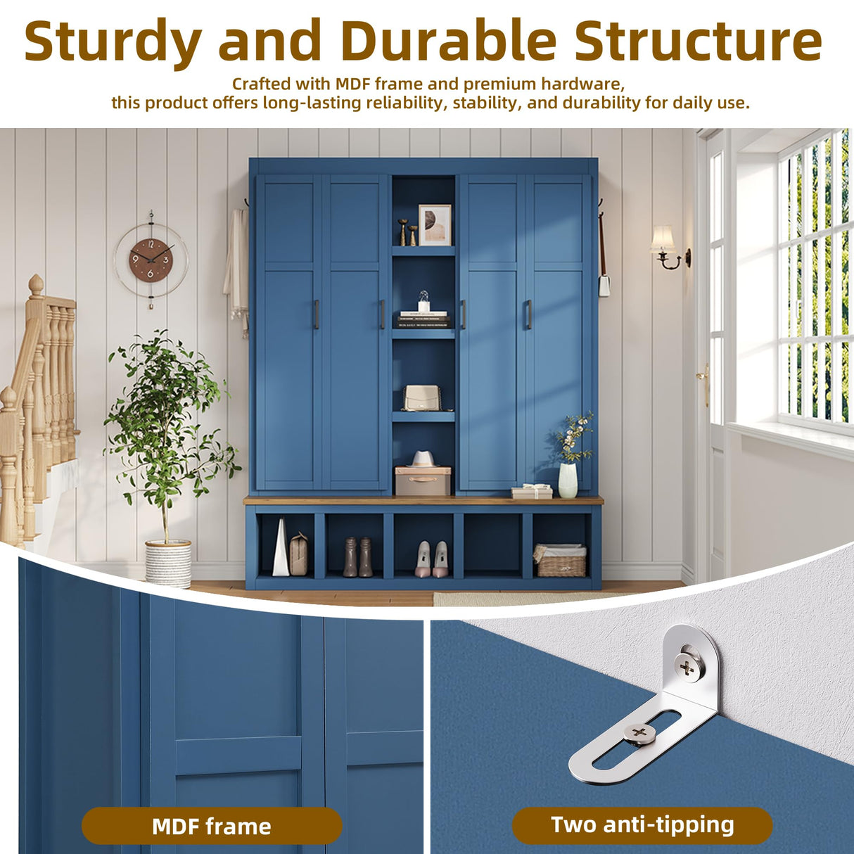 Ball & Cast 62.9" Farmhouse Hall Tree with Bench,4-in-1 Coat Rack W/Display Shelf,4 Storage Unit and 5 Shoe Cabinet,Entryway Cabinet W/ 6 Hanging Hookers,for Hallway,Living Room,Mudroom,Blue Ball & Cast