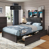 AMERLIFE Twin Bed Frame with 51.2" Tall Bookcase Headboard, Farmhouse Platform Bed with 4 Storage Drawers, Linen Upholstered, Charging Station & Storage, Rustic Black AMERLIFE