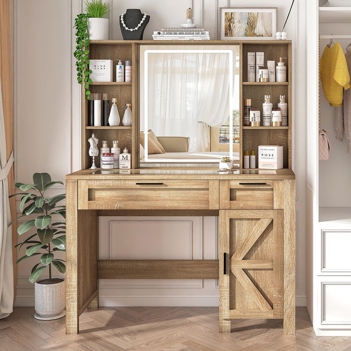 usikey Farmhouse Makeup Vanity Desk with Mirror and Lights, Glass Tabletop Makeup Vanity with Adjustable Shelves, Vanity Table Set with 2 Drawers and Side Cabinet for Bedroom, Maple usikey