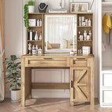 usikey Farmhouse Makeup Vanity Desk with Mirror and Lights, Glass Tabletop Makeup Vanity with Adjustable Shelves, Vanity Table Set with 2 Drawers and Side Cabinet for Bedroom, Maple usikey