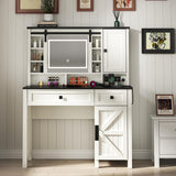 Loomie Farmhouse Vanity Desk with Sliding Mirror & Lights, Makeup Vanity Table with Power Outlet, 2 Drawers, 2 Cabinets & 2 Cubbies, Dressing Table with 3 Color Lighting Modes for Bedroom (White) Loomie