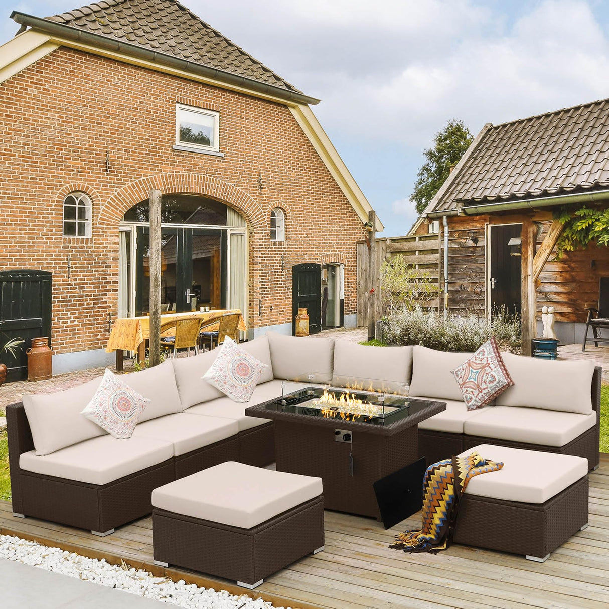 NICESOUL 10 Piece Patio Furniture Sectional Set with Fire Pit Propane/Natural Gas Convertible, 29.3'' High Back Deep Wide Outdoor Couch, 9 Seater Oversized High-End Wicker Conversation Sofas, Brown NICESOUL