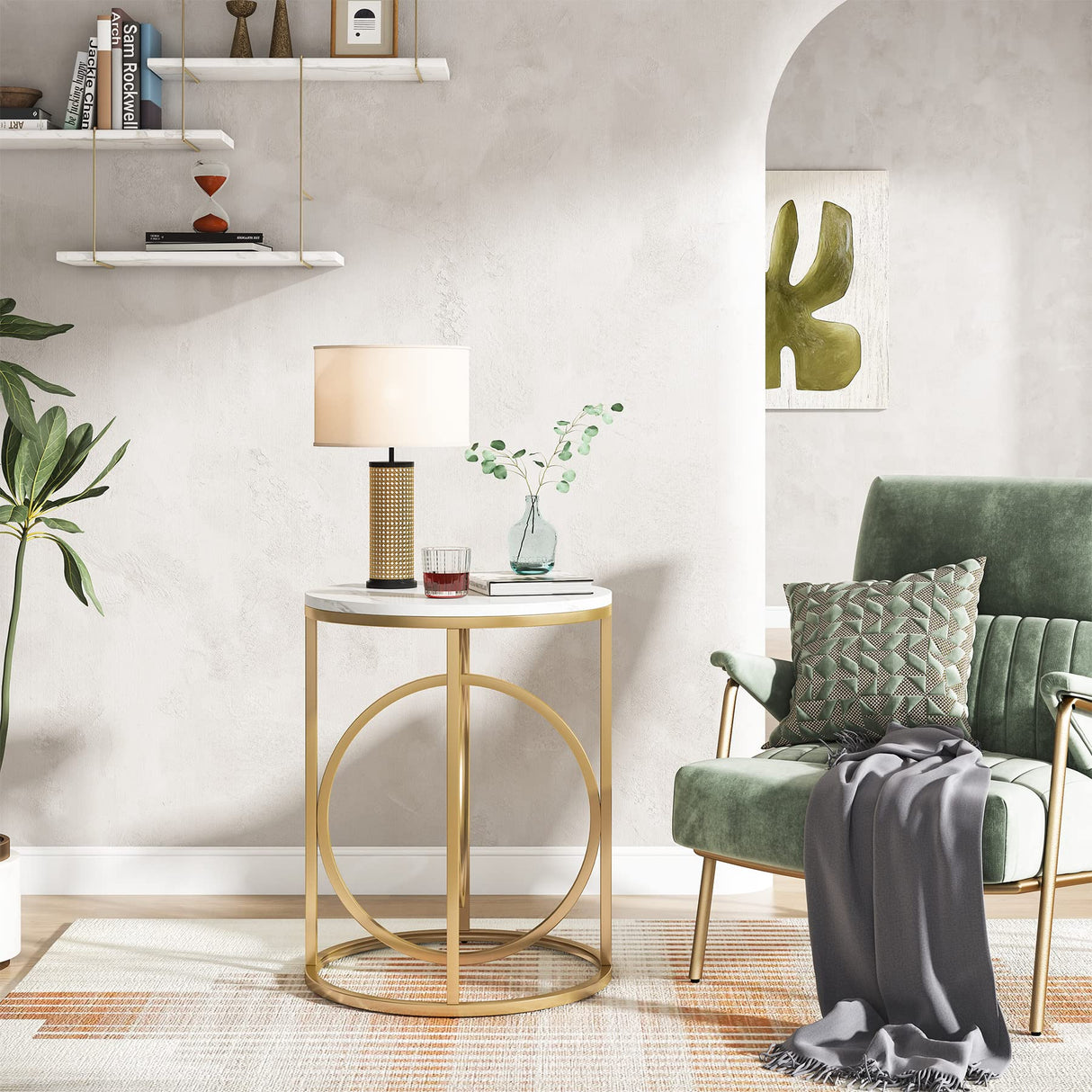 Tribesigns Gold Side Table with Marble Top, 20" Wide End Table, Modern Sofa Table w/O-Shaped Metal Base, Round Gold Accent Table, Narrow Nightstand for Bedroom, Living Room, Small Spaces Tribesigns
