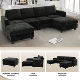 Lesofair 110" Chenille Sectional Sofa with Movable Ottomans, Modular U-Shape Couch with Cup Holders, Convertible 4 Seater Sofa with Well-Filled Backrest Cushions for Living Room, House, Black Lesofair