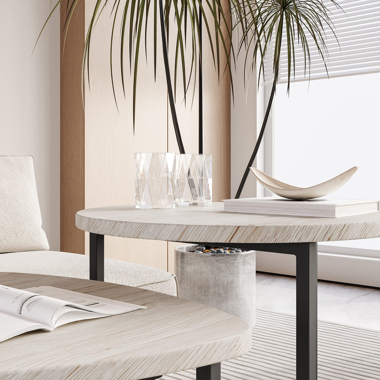 HOJINLINERO Round Coffee Table Set of 2 End Tables for Living Room,Black Small Coffee Table Living Room Table,Metal Frame & Wood Look,Sturdy and Easy Assembly,Stacking Side Tables Bedroom,White HOJINLINERO