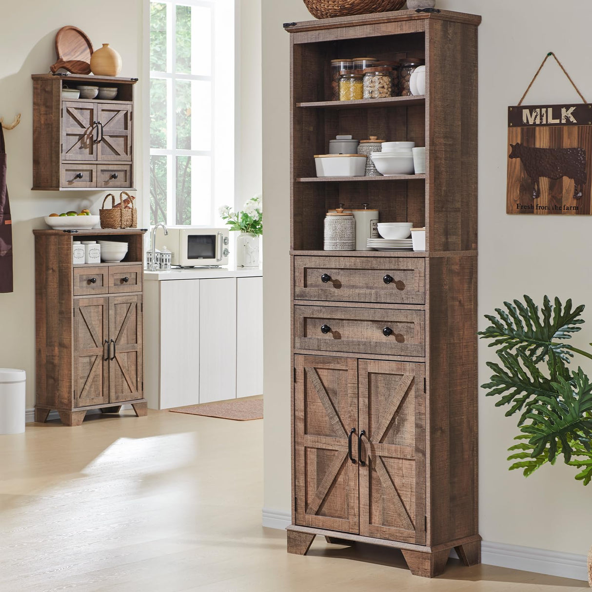 ACCOHOHO Farmhouse Bathroom Cabinet, 72" Tall Storage Cabinet with 2 Drawers, Adjustable Shelves & Barn Door, Cabinets for Bathroom, Living Room, Kitchen, Rustic Brown ACCOHOHO
