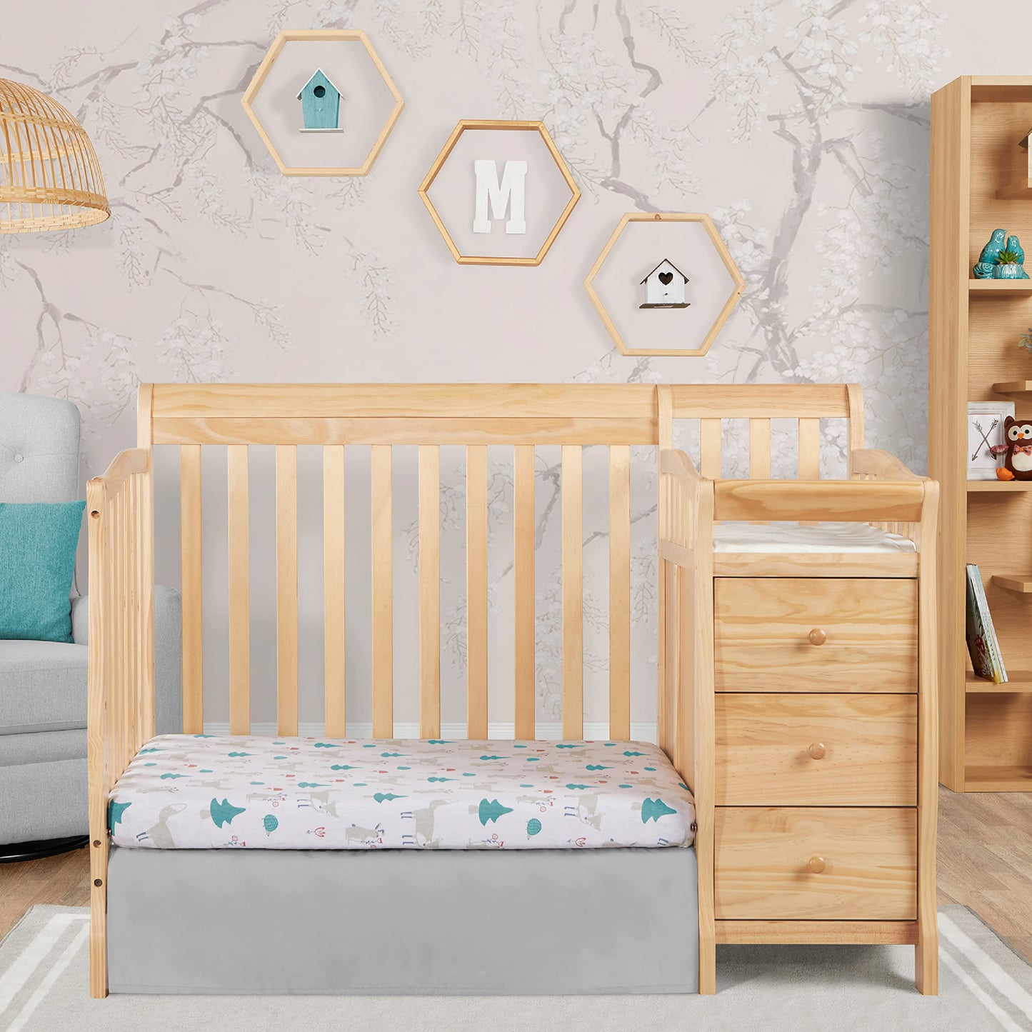 Dream On Me Jayden 4-in-1 Mini Convertible Crib And Changer in Natural, Greenguard Gold Certified, Non-Toxic Finish, New Zealand Pinewood, 1" Mattress Pad