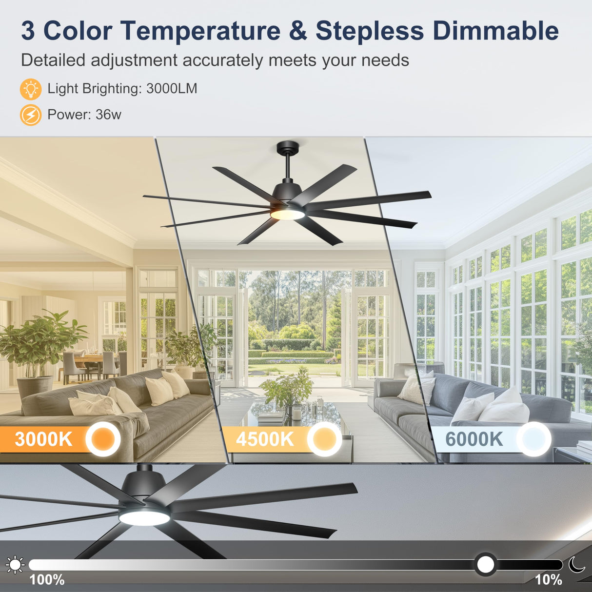 Phylluz 72'' Ceiling Fan with Light - Remote & APP Control, 3 CTT Dimmable, 6 Speed Reversible DC Motor Fan for Shop, Garage, Covered Outdoor, Black Phylluz