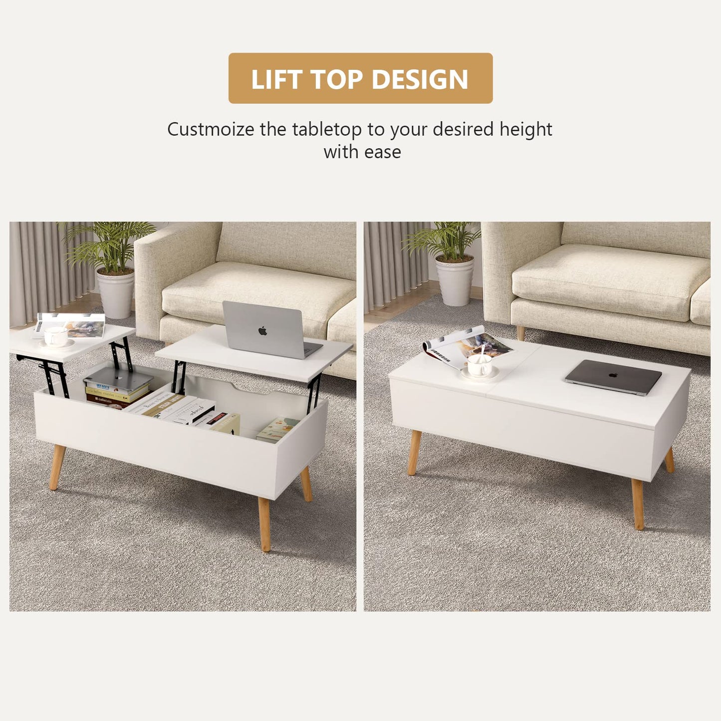 VOWNER Coffee Table, Lift Top Coffee Table with Separate and Hidden Storage Compartment, Double Lift Tabletop, Sofa Table for Home Living Room, White - WoodArtSupply