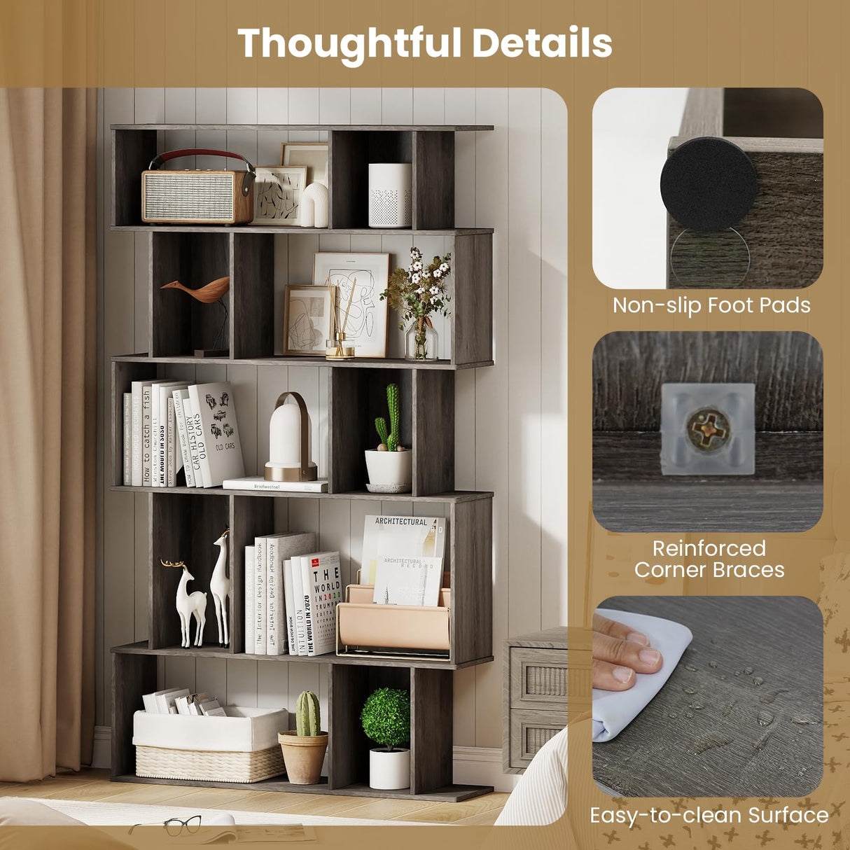 Tangkula 5-Tier Geometric Bookshelf, 62”H Bookcase with Open Shelves & Closed-Back Cubes, S-Shaped Decorative Display Rack Storage Organizer for Living Room Bedroom Home Office (2, Gray Oak) Tangkula