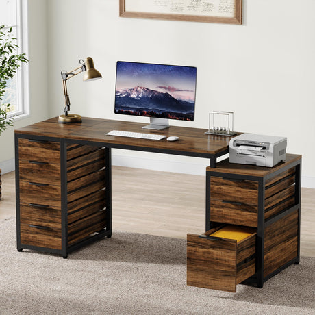 Tribesigns Computer Desk with 8 Drawers, 63" Office Desk with Reversible File Cabinet and Storage Drawers, Industrial PC Desk Study Writing Table Workstation for Home Office, Rustic Brown Tribesigns