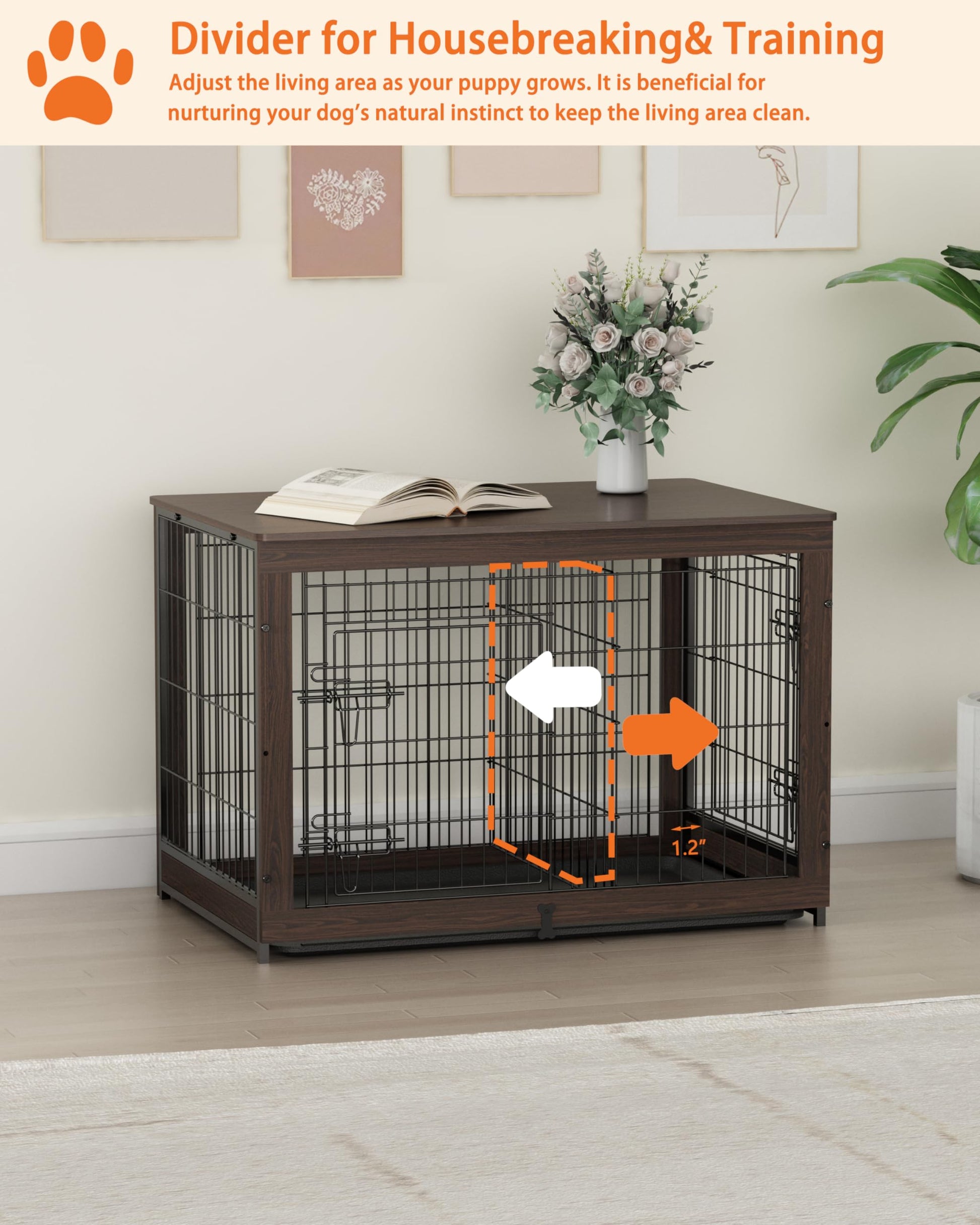 Piskyet Wooden Dog Crate Furniture with Divider Panel, Dog Crate End Table with Fixable Slide Tray, Double Doors Dog Kennel Indoor for Large Dogs(L:37.8 * 25.1 * 26.3inch,Brown Walnut) - WoodArtSupply