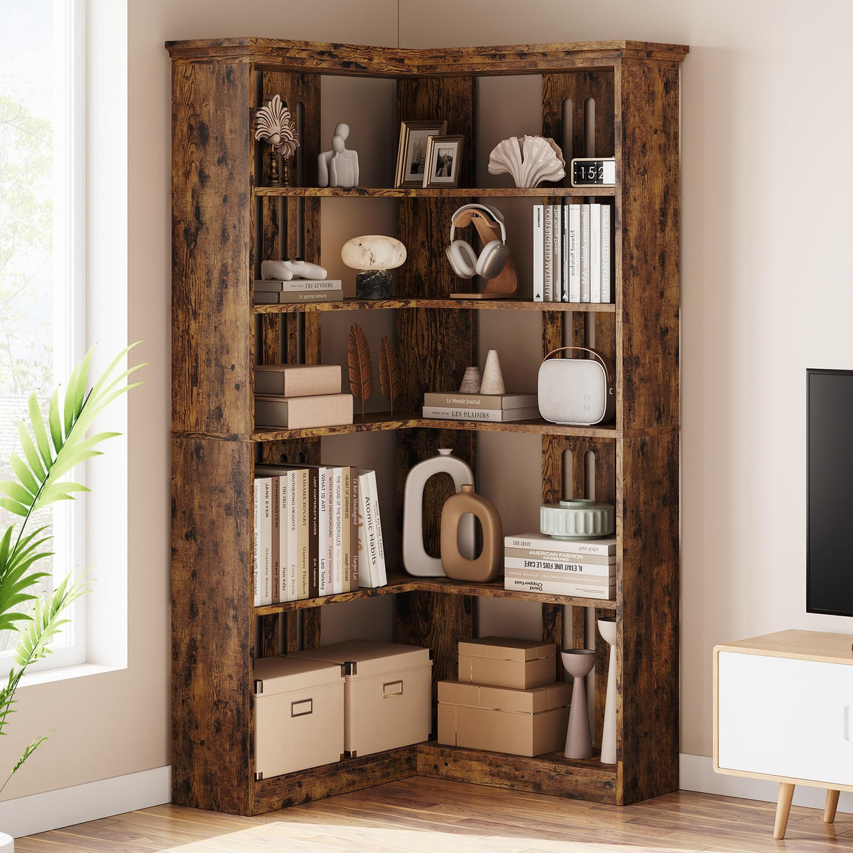 IDEALHOUSE Corner Bookshelf 72.8in Farmhouse Bookcase Large Bookshelf Wood Bookcase Tall 5 Tier Corner Shelf L Shaped Bookshelf Storage Display Rack Living Room Bedroom (Retro, Half Panel) IDEALHOUSE