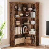 IDEALHOUSE Corner Bookshelf 72.8in Farmhouse Bookcase Large Bookshelf Wood Bookcase Tall 5 Tier Corner Shelf L Shaped Bookshelf Storage Display Rack Living Room Bedroom (Retro, Half Panel) IDEALHOUSE