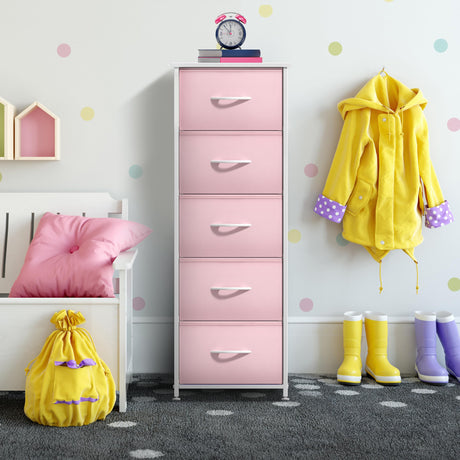 Sorbus Fabric Dresser for Kids Bedroom - Chest of 5 Drawers, Tall Storage Tower, Clothing Organizer, for Closet, for Playroom, for Nursery, Steel Frame, Fabric Bins - Wood Handle (Pink) Sorbus