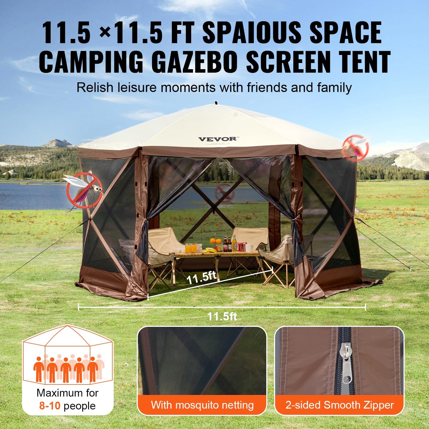 VEVOR Pop Up Gazebo Screen Tent, Pavilion Gazebo Tent, 11.5 x 11.5 ft 6-Sided Camping Instant Canopy Sun Shelter with 6 Removable Privacy Wind Cloths, Mosquito Netting, for Patio, Backyard, Lawn