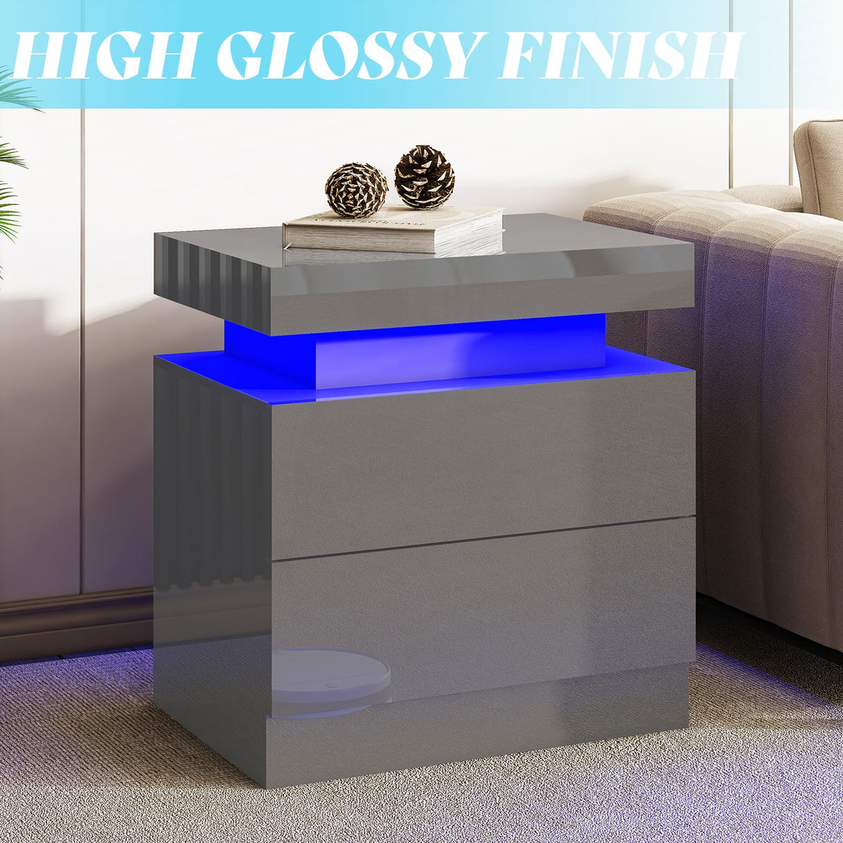 AMERLIFE High Gloss LED Nightstand Set of 2 with Charging Station, Modern Bedside Table Night Stand with LED Lights, Sofa End Side Tables with Drawers for Bedroom Living Room, Gray AMERLIFE