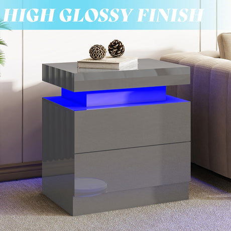 AMERLIFE High Gloss LED Nightstand Set of 2 with Charging Station, Modern Bedside Table Night Stand with LED Lights, Sofa End Side Tables with Drawers for Bedroom Living Room, Gray AMERLIFE