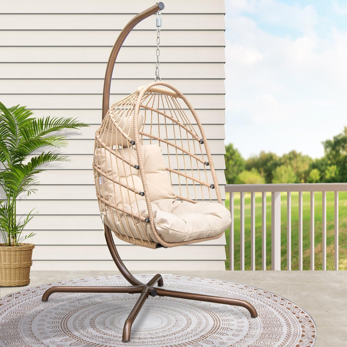 RADIATA Foldable Wicker Rattan Hanging Egg Chair with Stand, Swing Chair with Cushion and Pillow, Lounging Chair for Indoor Outdoor Bedroom Patio Garden (Beige with Stand)