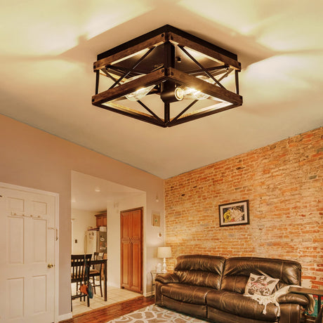 Mayful Flush Mount Light Fixture, 2-Light Rustic Ceiling Light Combine with Metal and Wood Frame, Farmhouse Ceiling Light for Kitchen Hallway Entryway Bedroom Porch Living Room Mayful