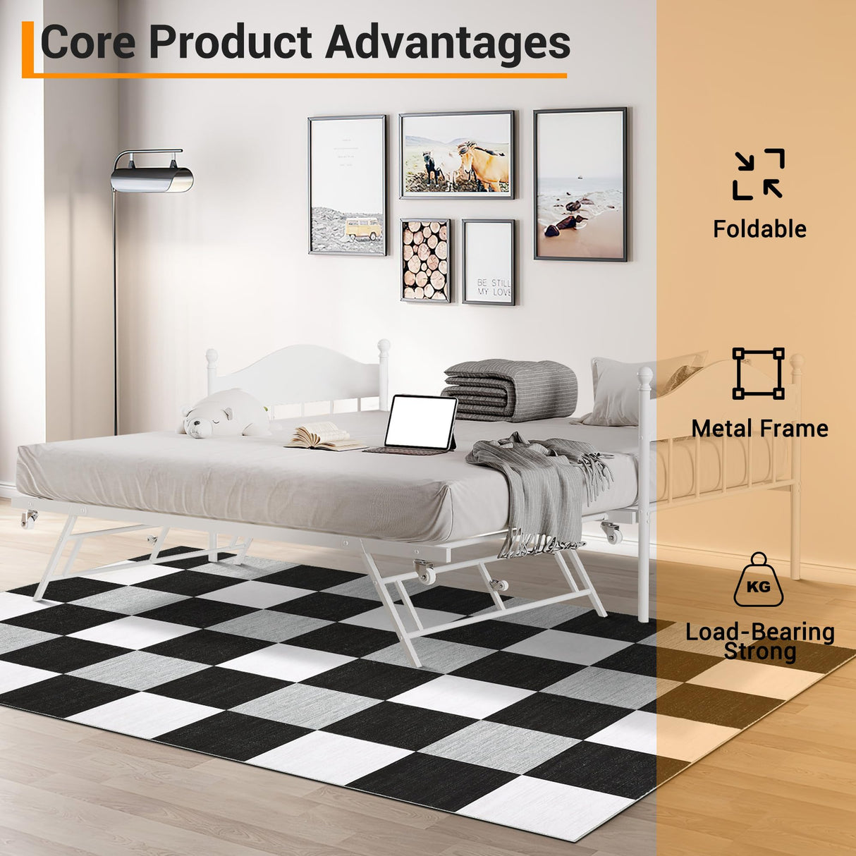 GAOMON Twin Daybed with Trundle, Sturdy Metal Foldable Bed Frame, Metal Double-Sized Sofa Bed, Heavy-Duty Steel Bed Frame, Suitable for Living Rooms, Bedrooms and Guest Rooms, White GAOMON